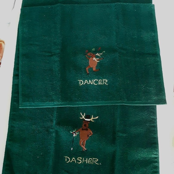 Embroidered Holiday Christmas Green Bath Hand Towels Dasher Dancer Reindeer - Picture 5 of 5